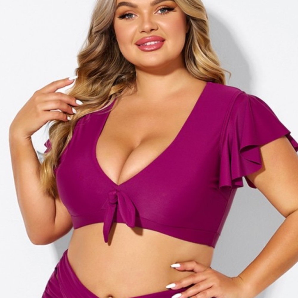 Purple Flutter Sleeve Elegant Swim Bikini Top